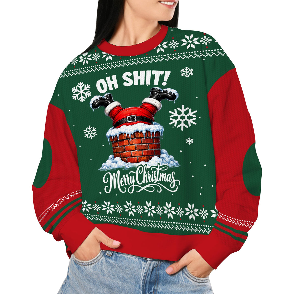 Lifestyle view of a person wearing the ugly green christmas sweater with Santa chimney humor