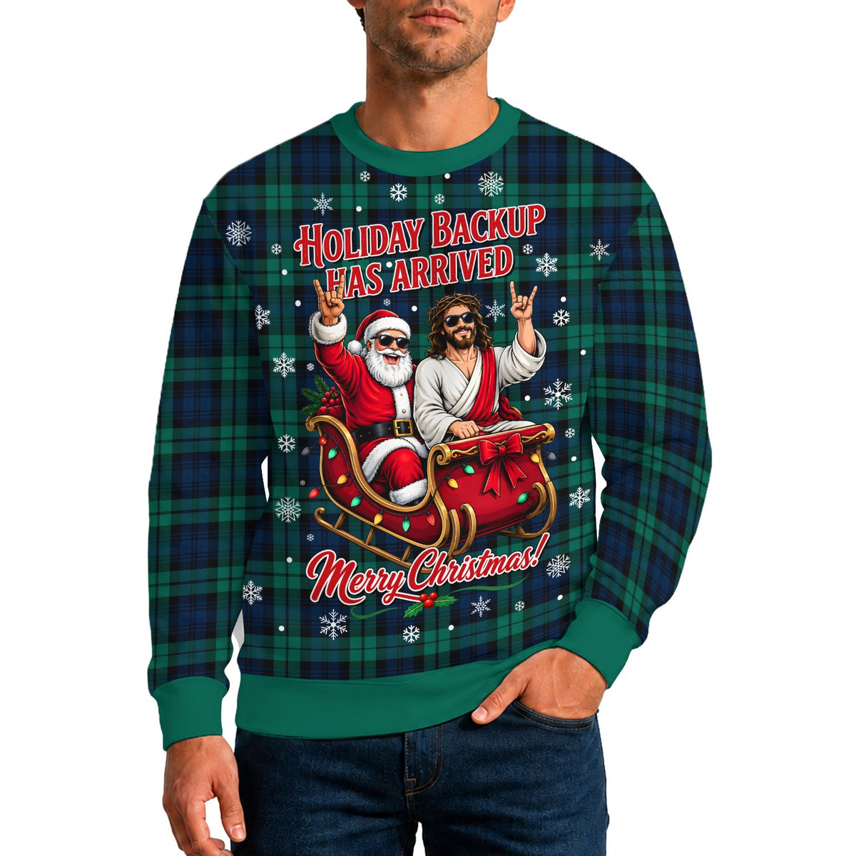 Lifestyle image of someone wearing the adult humor ugly christmas sweater