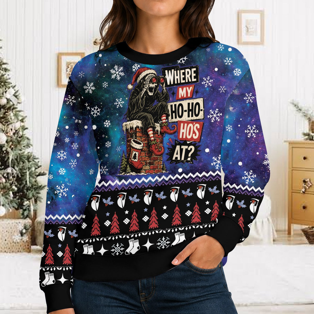 Lifestyle view of a person wearing the grim reaper holiday ugly sweater
