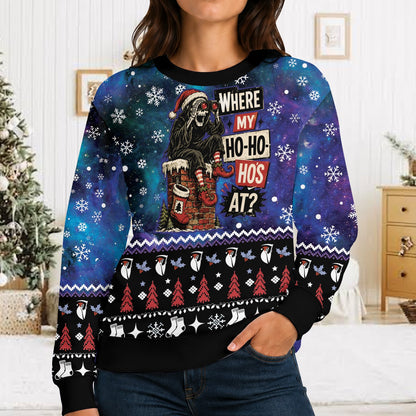 Lifestyle view of a person wearing the grim reaper holiday ugly sweater