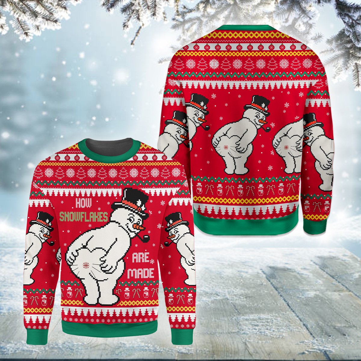 Back view of the red ugly christmas sweater.
