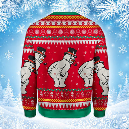 Close up of the traditional fair isle pattern and snowman design on the ugly sweater.