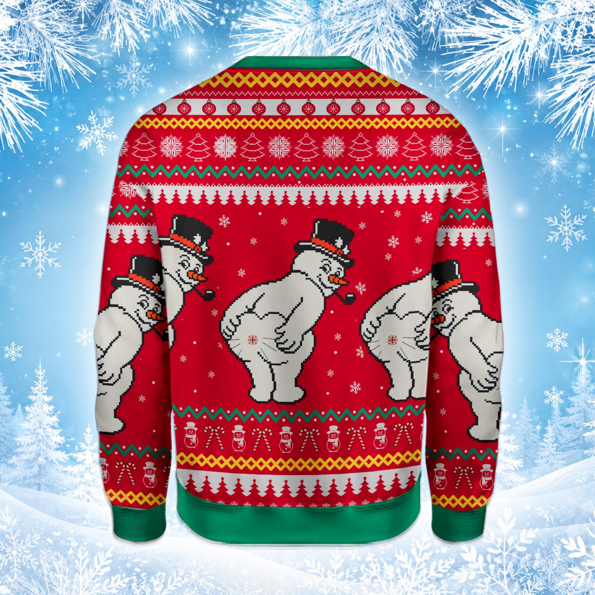 Flat lay view of the red holiday ugly sweater with How Snowflakes Are Made text.