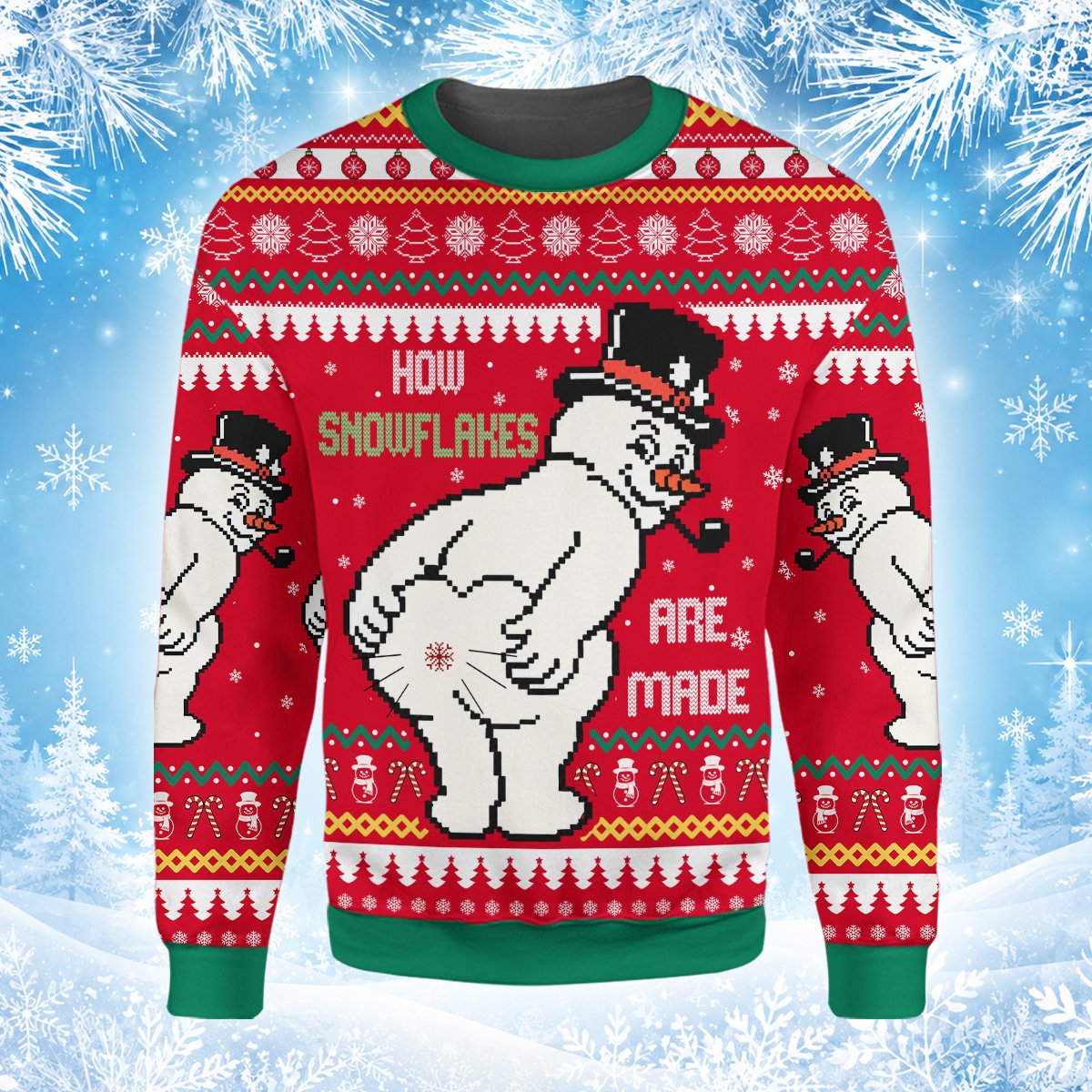 Lifestyle shot of an adult wearing the funny snowman holiday sweater.