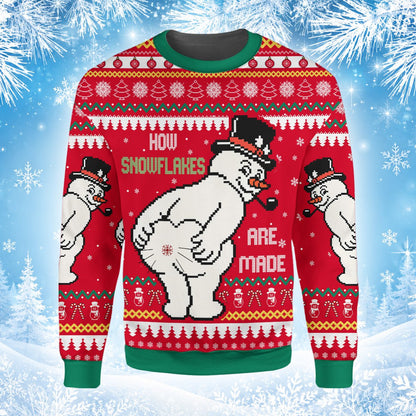 Lifestyle shot of an adult wearing the funny snowman holiday sweater.