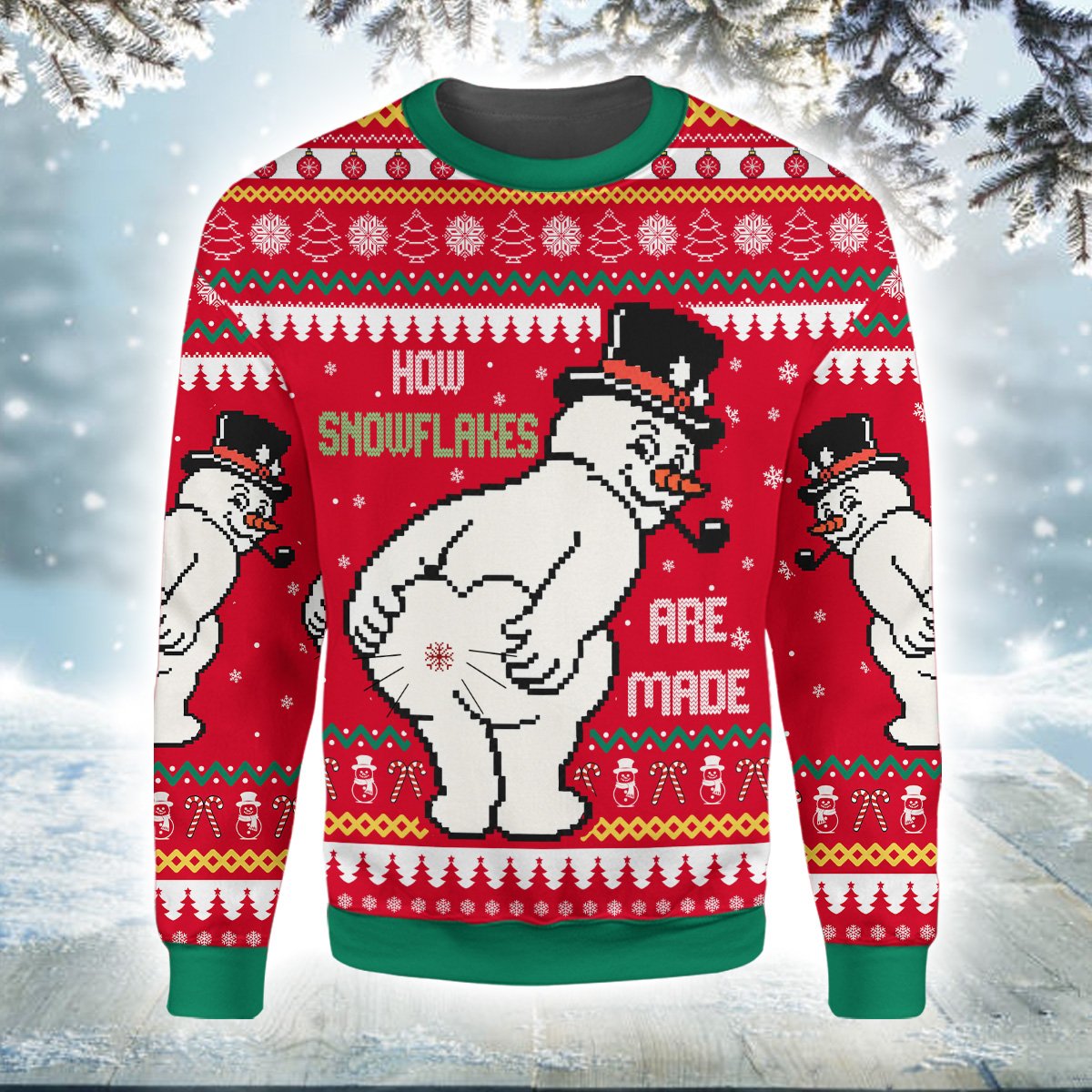 Another lifestyle image showcasing the humorous red ugly christmas sweater.
