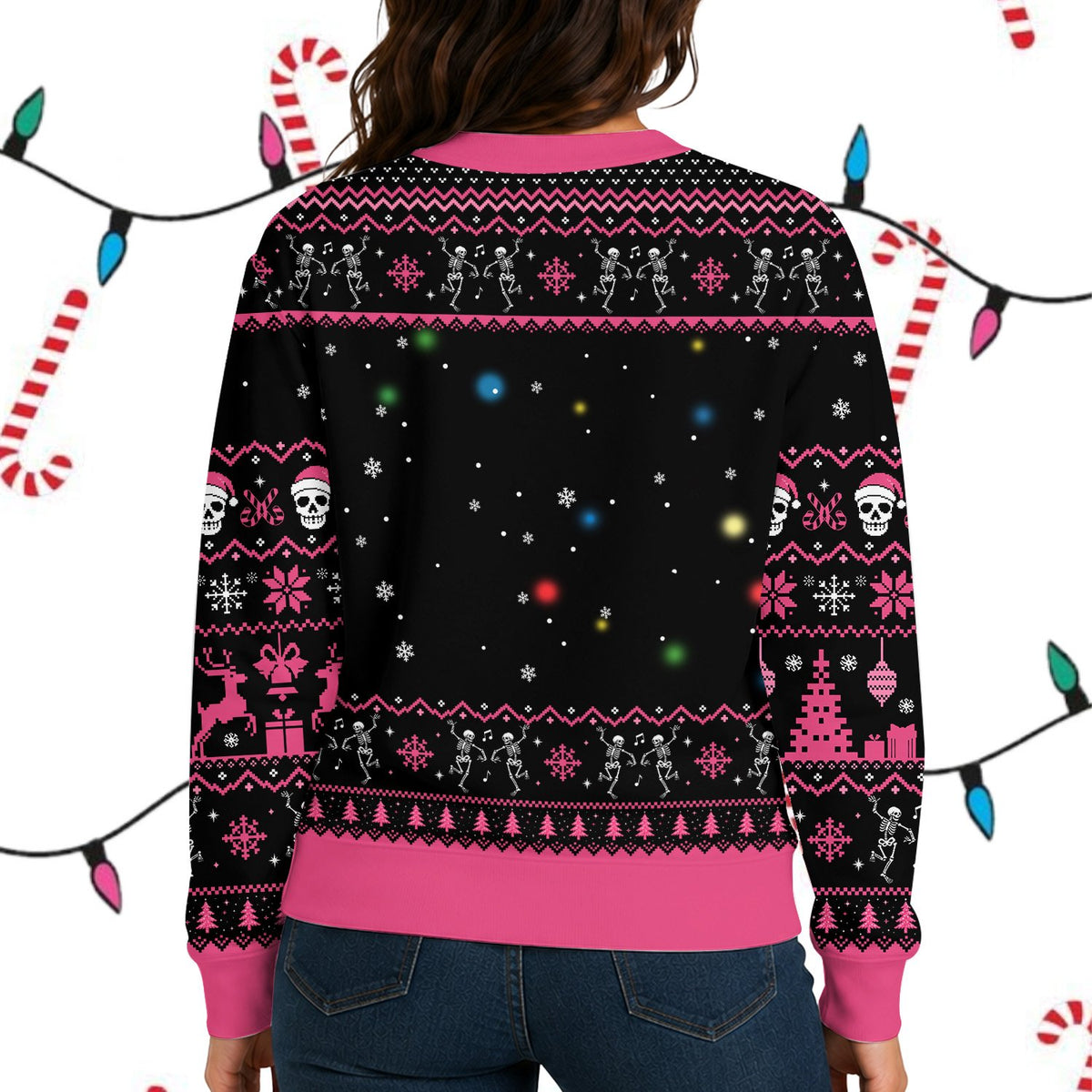 Detailed back view of the ugly christmas sweater black