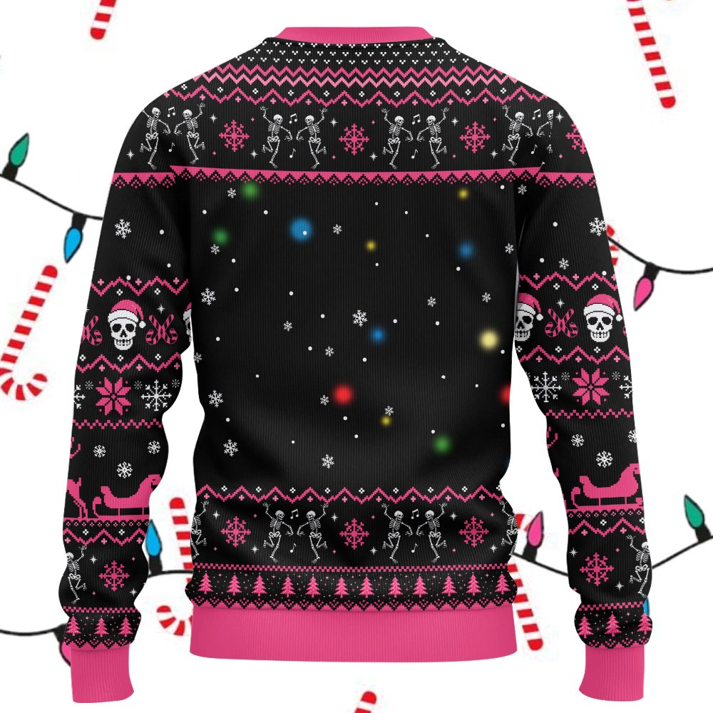 Back view of the black christmas ugly sweater with holiday patterns