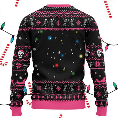Back view of the black christmas ugly sweater with holiday patterns