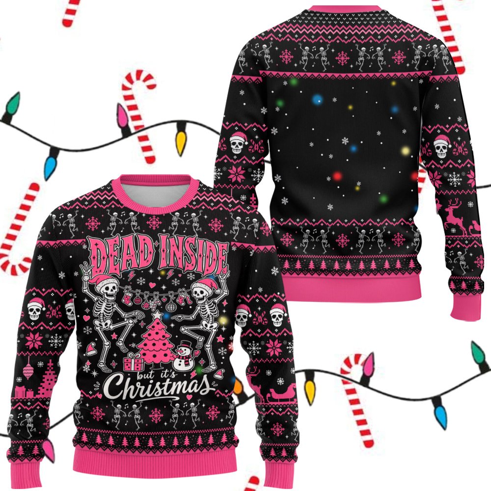 Black ugly christmas sweater with skeletons and reindeer patterns, front view 3