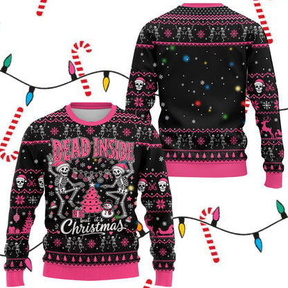 Black ugly christmas sweater with skeletons and reindeer patterns, front view 3