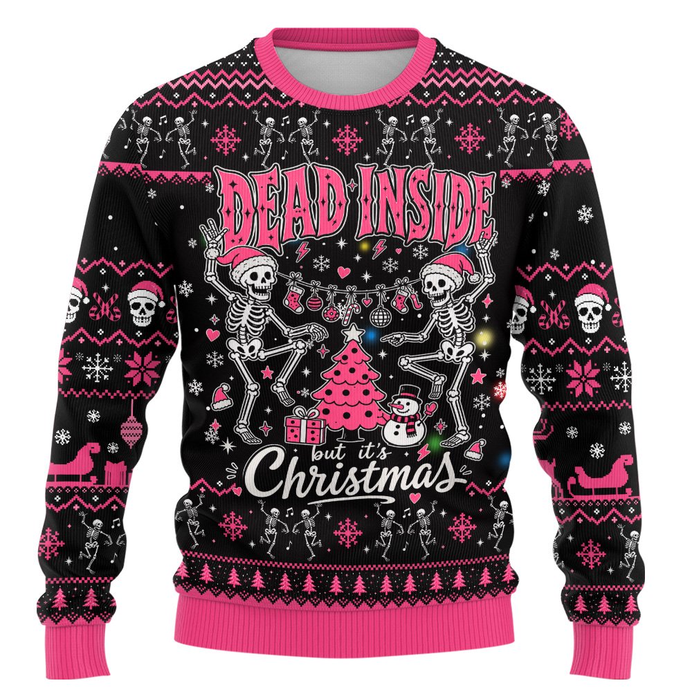 Black christmas ugly sweater with skeletons and dead inside text, main view