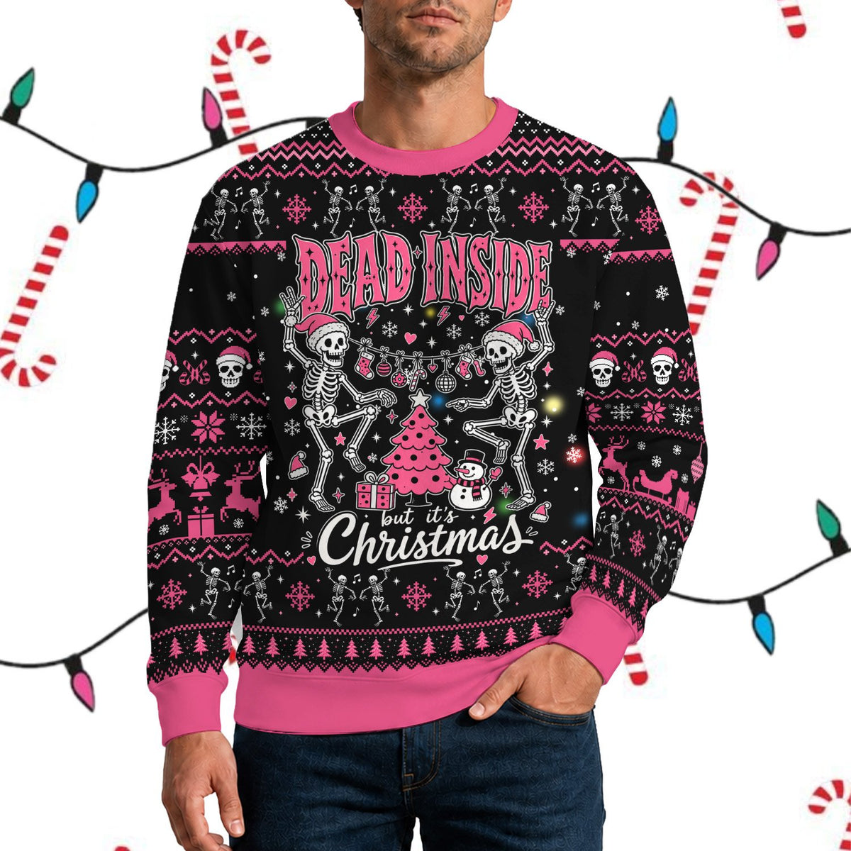 Lifestyle view of someone wearing the black christmas ugly sweater
