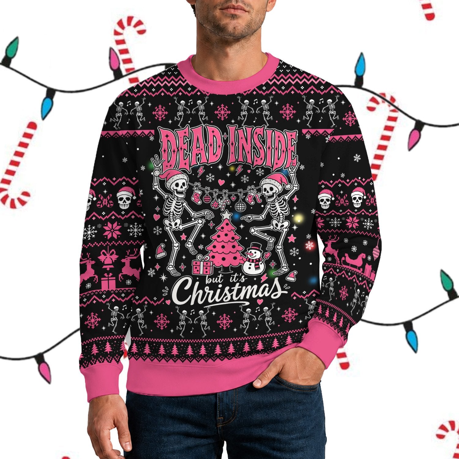 Lifestyle view of someone wearing the black christmas ugly sweater