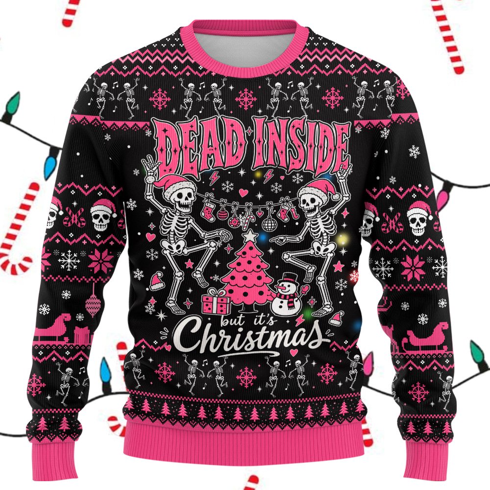 Adult humor ugly sweater featuring skeletons and pink accents, front view 2