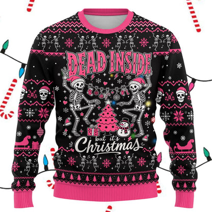 Adult humor ugly sweater featuring skeletons and pink accents, front view 2