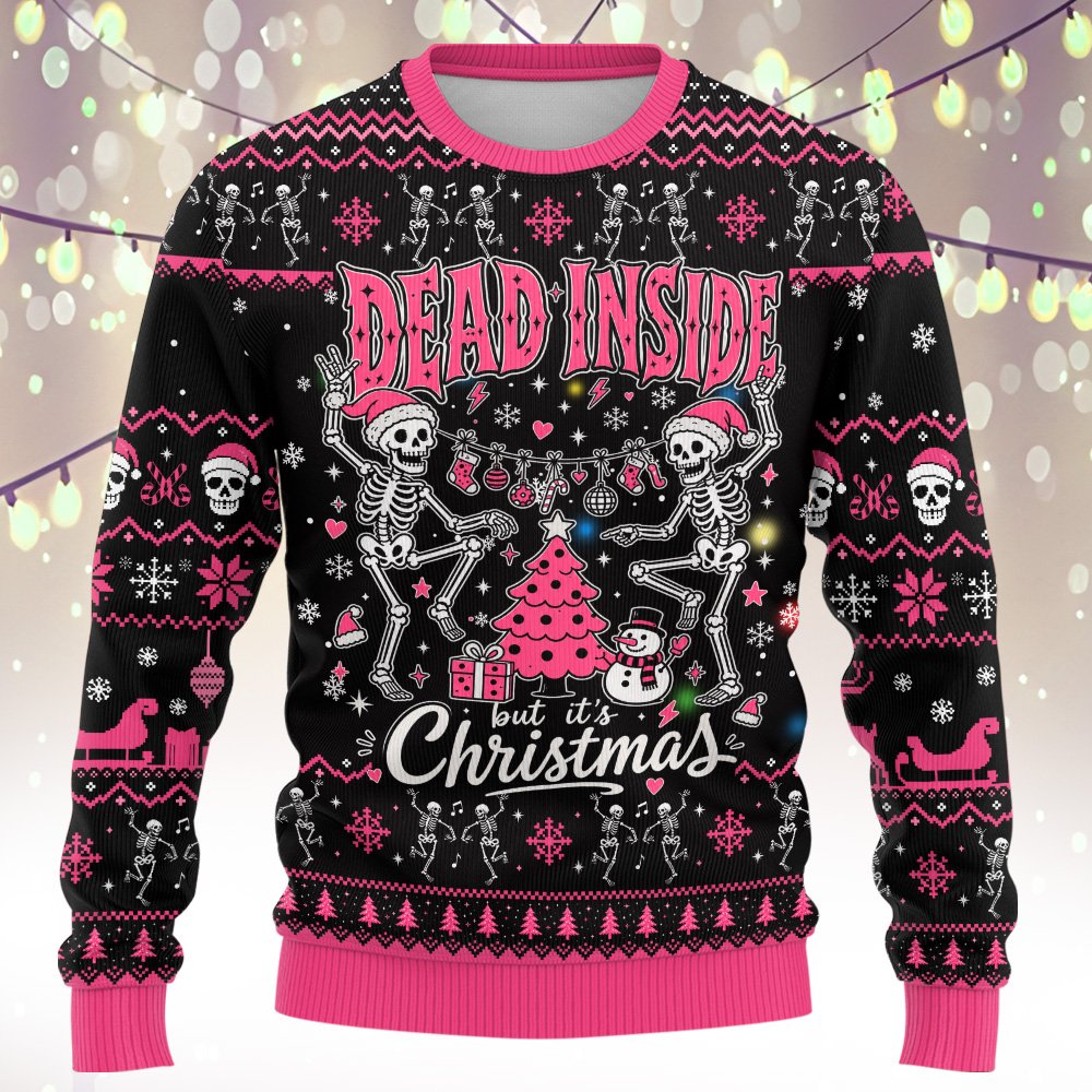 Pink and black holiday ugly sweater with funny skeleton design, front view