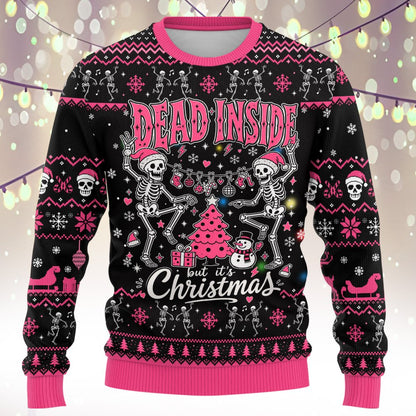 Pink and black holiday ugly sweater with funny skeleton design, front view