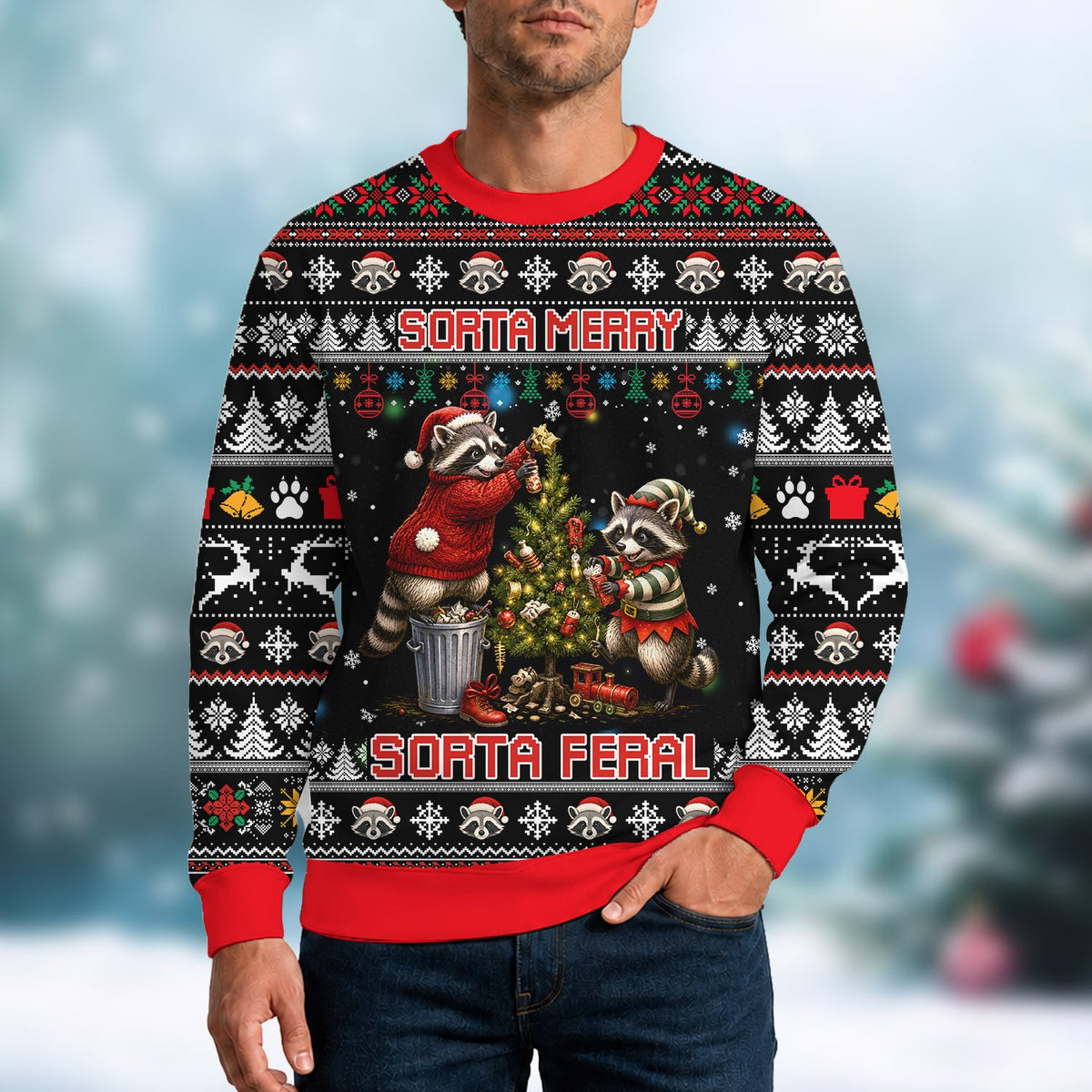 Additional back view of the black ugly Christmas sweater with raccoon humor design