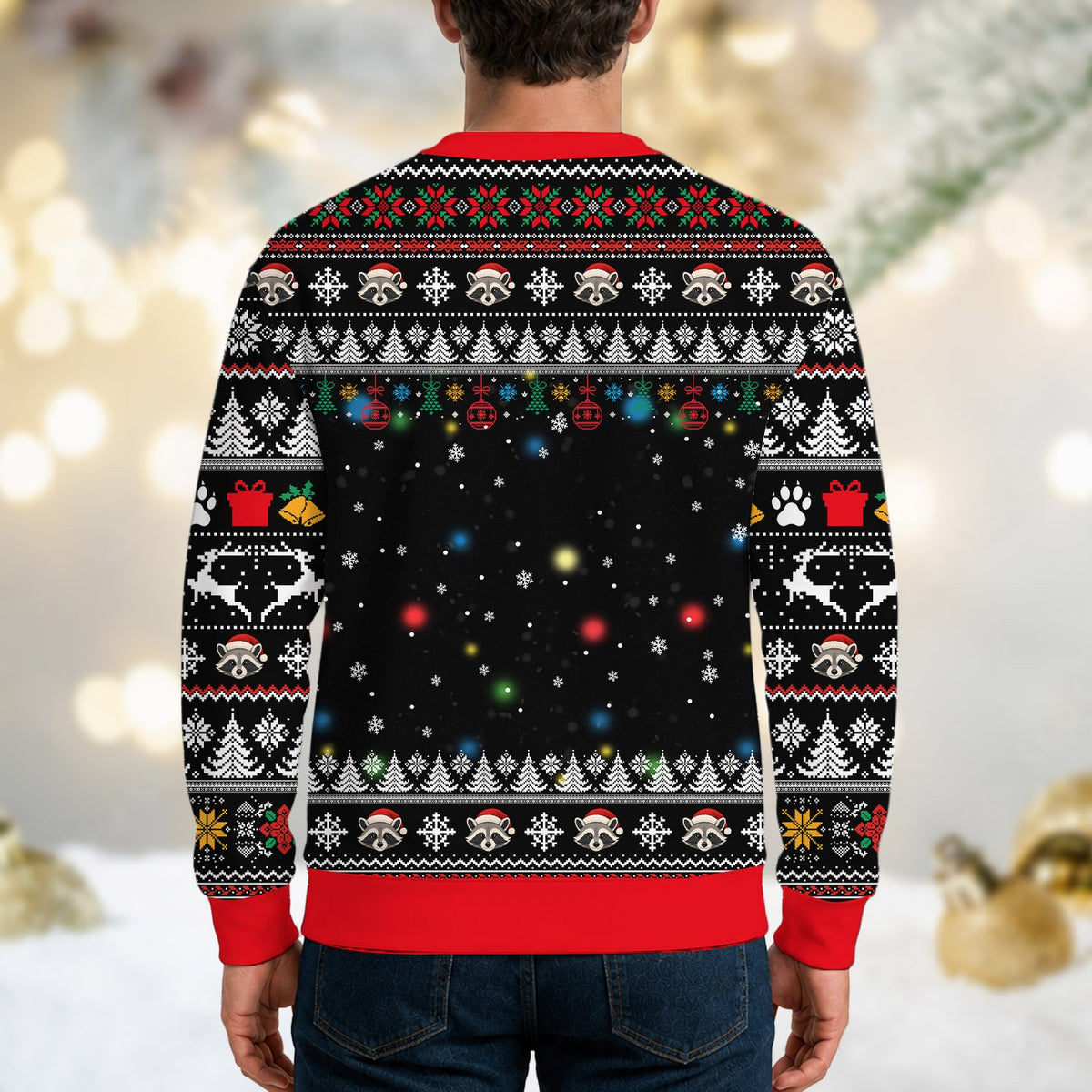 Detailed back view of the sorta merry sorta feral ugly Christmas sweater