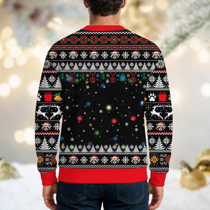 Detailed back view of the sorta merry sorta feral ugly Christmas sweater