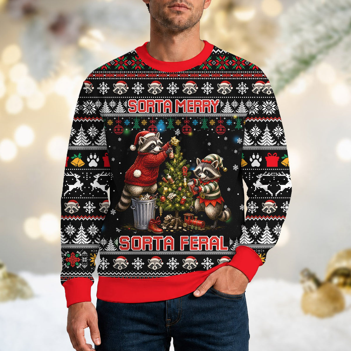 Back view of the men's black ugly Christmas sweater with holiday pattern