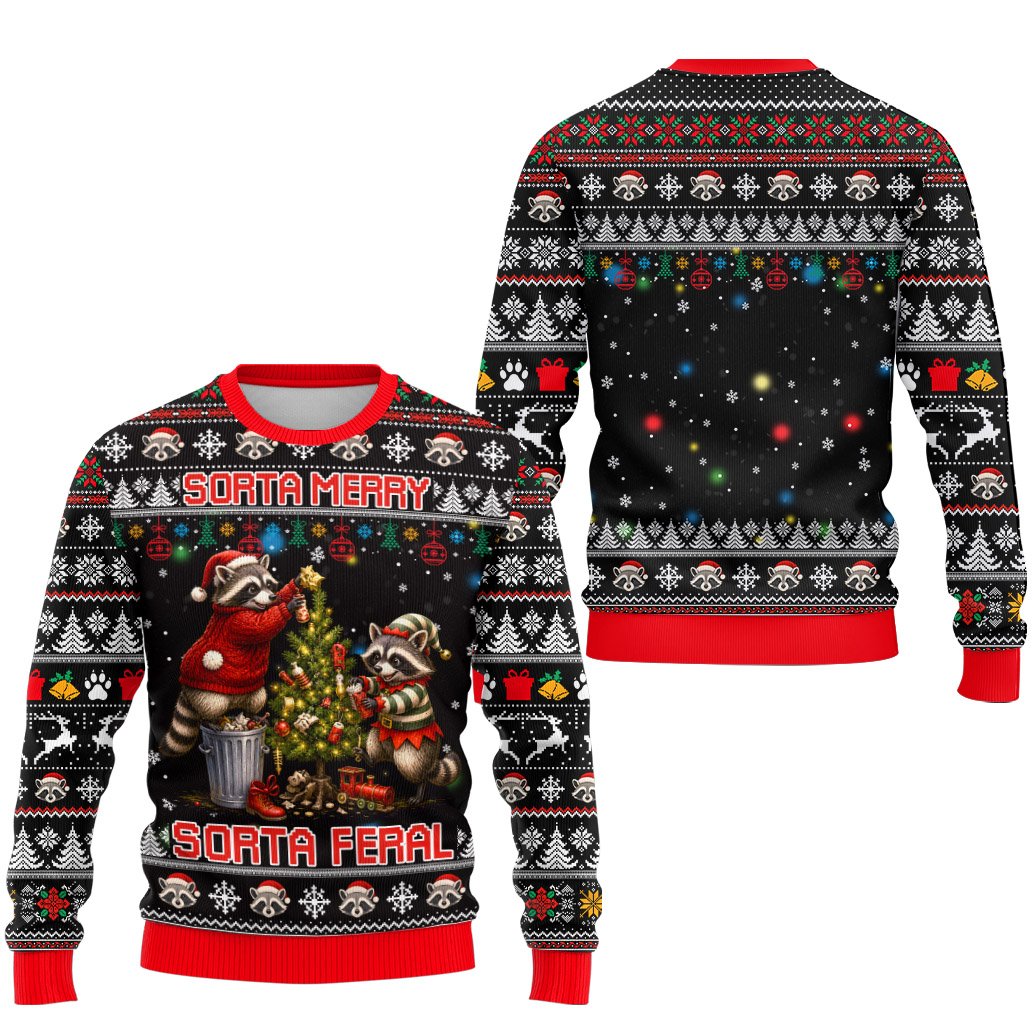 Men's black ugly Christmas sweater featuring raccoons decorating a tree and text Sorta Merry Sorta Feral, front view
