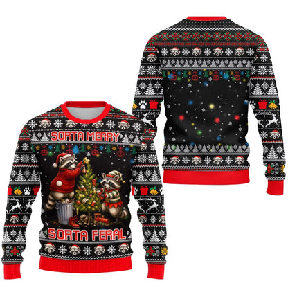 Men's black ugly Christmas sweater featuring raccoons decorating a tree and text Sorta Merry Sorta Feral, front view