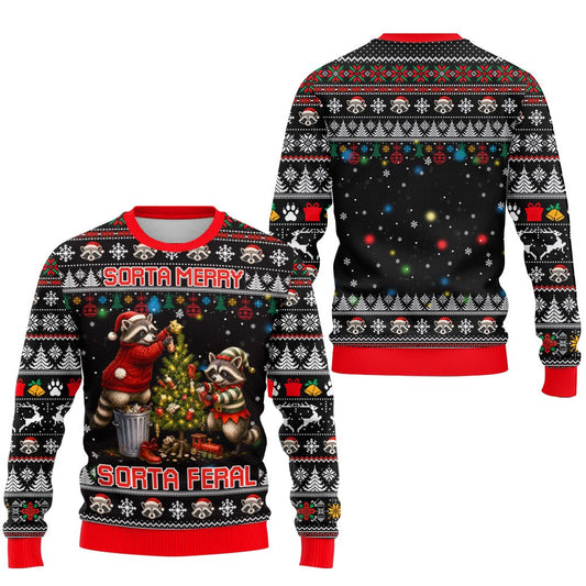 Men's black ugly Christmas sweater featuring raccoons decorating a tree and text Sorta Merry Sorta Feral, front view