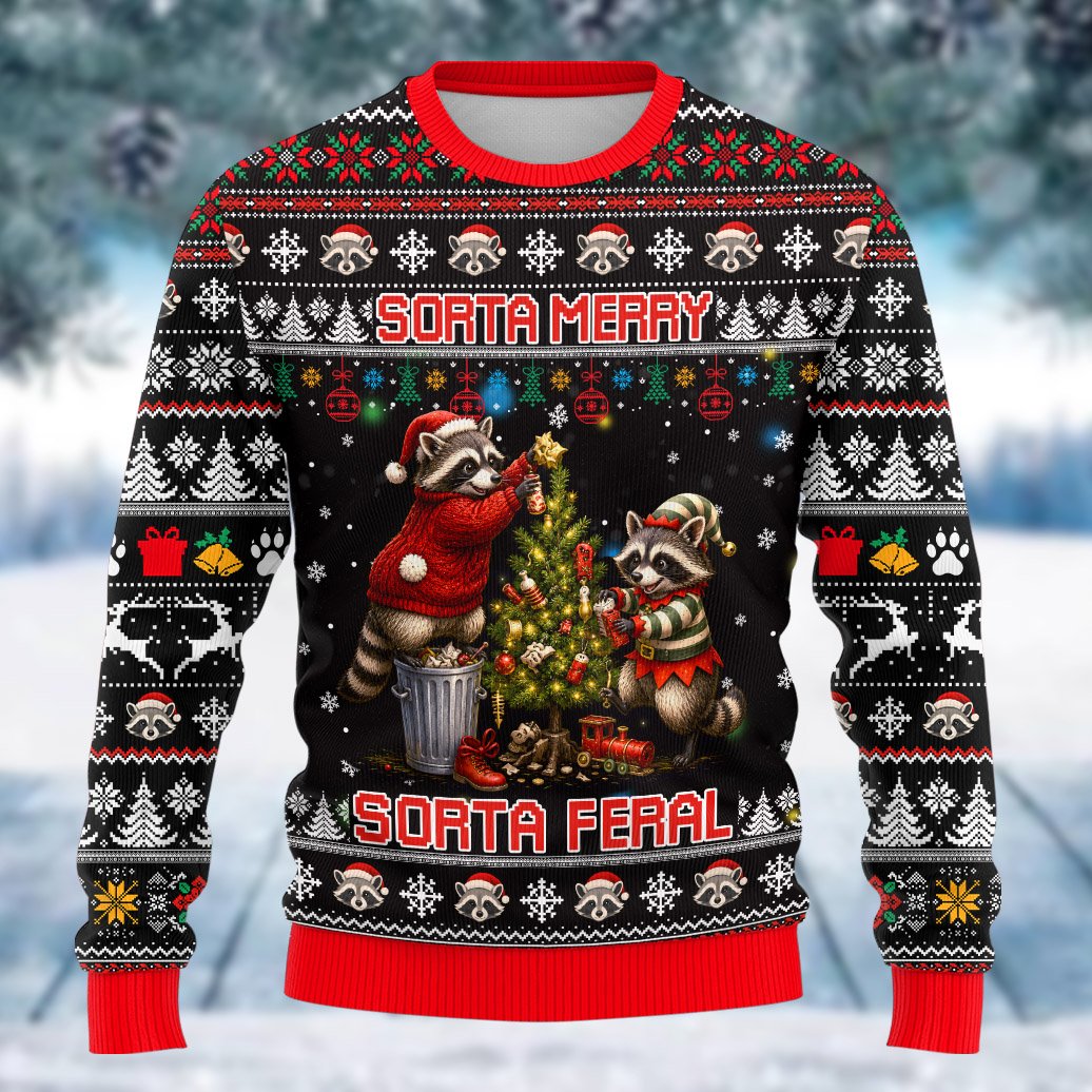 Second lifestyle view of the sorta merry sorta feral ugly Christmas sweater