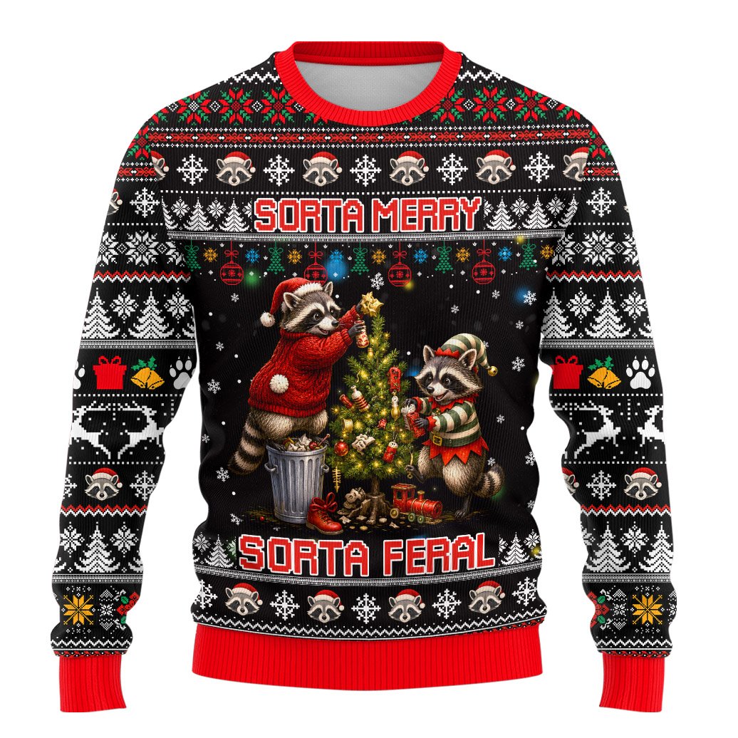 Lifestyle view of someone wearing the men's black ugly Christmas sweater with raccoons