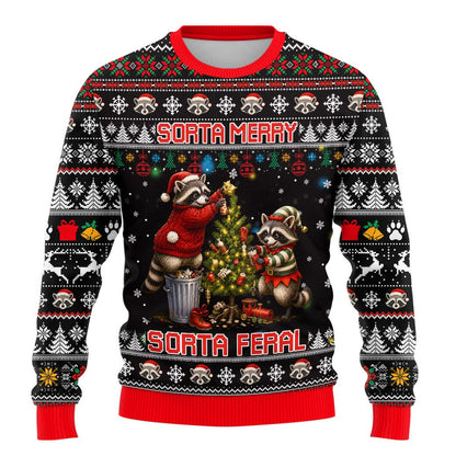 Lifestyle view of someone wearing the men's black ugly Christmas sweater with raccoons
