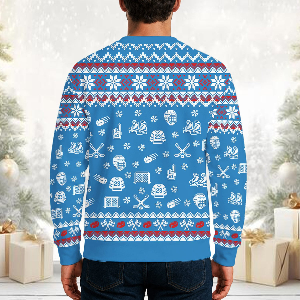 Detailed back view of the blue holiday ugly sweater showing the continuous pattern