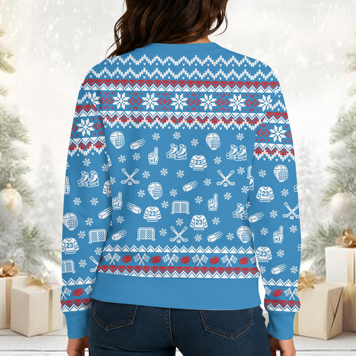 Back view of the ice hockey ugly sweater with red and white faux-knit geometric bands