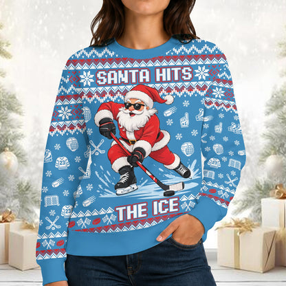 Detailed front view of the ice hockey ugly sweater showing hockey sticks and pucks