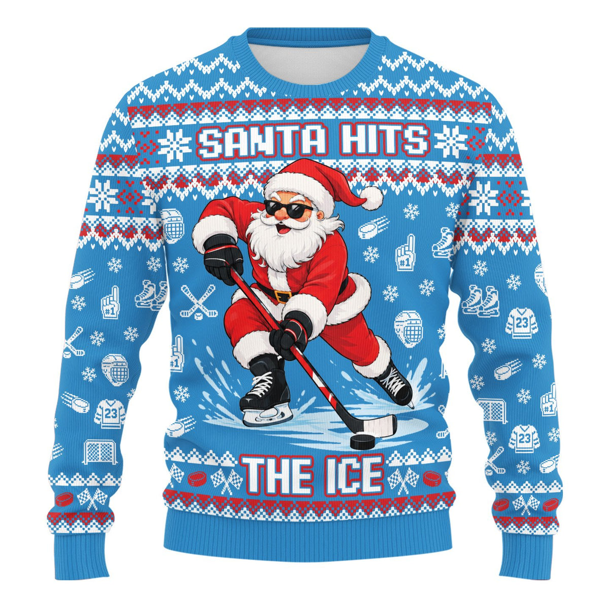 Close-up front view of the holiday ugly sweater pattern with snowflakes and skates