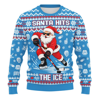 Close-up front view of the holiday ugly sweater pattern with snowflakes and skates