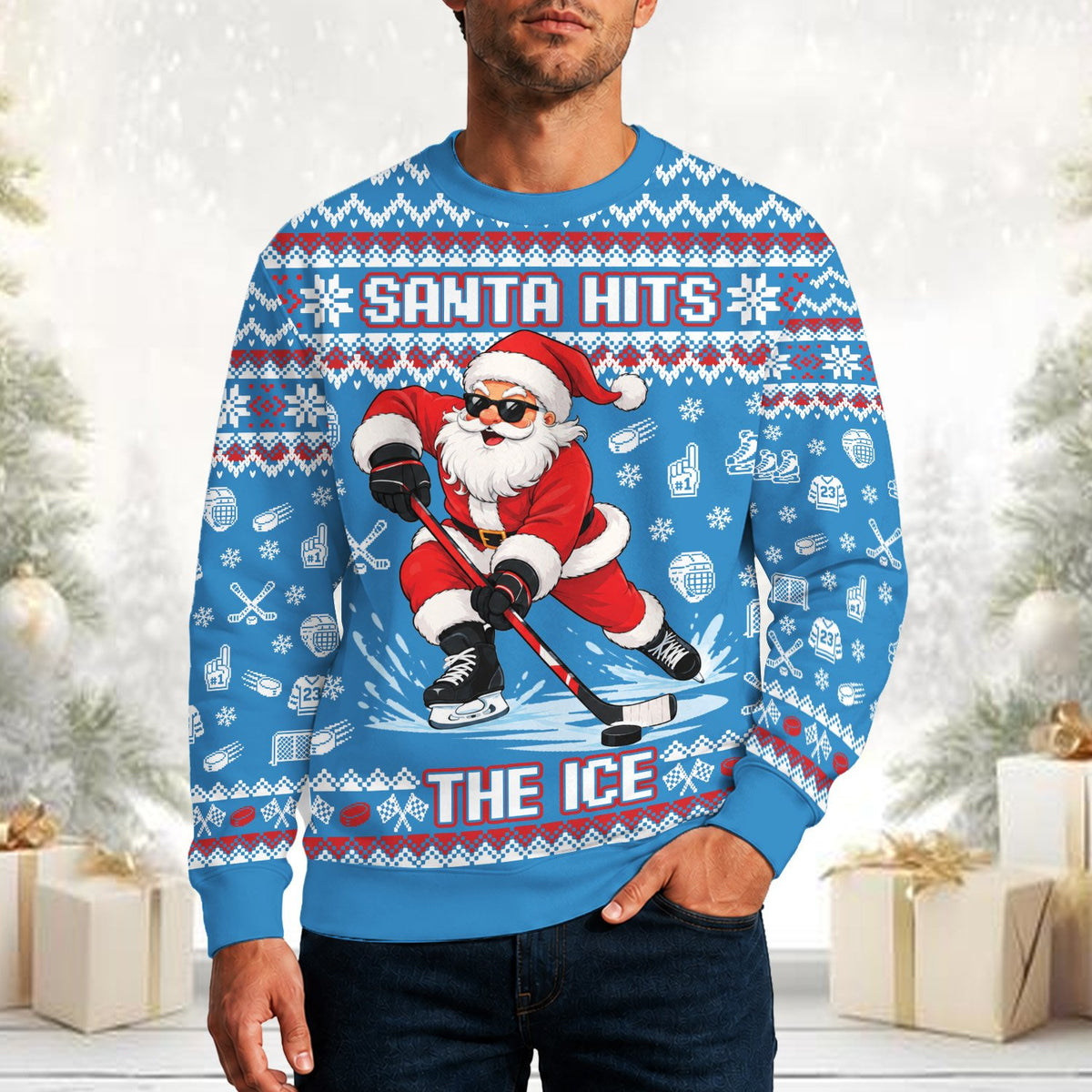 Another front view angle of the blue ice hockey ugly sweater