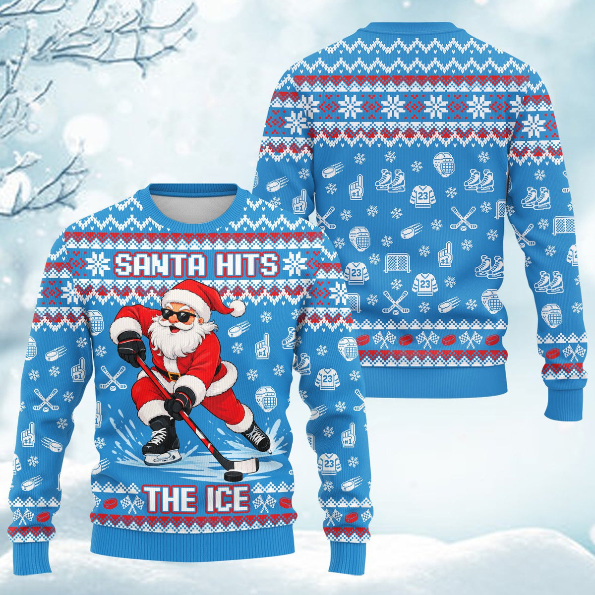 Ice hockey ugly sweater featuring Santa playing hockey on a blue faux-knit background, main view