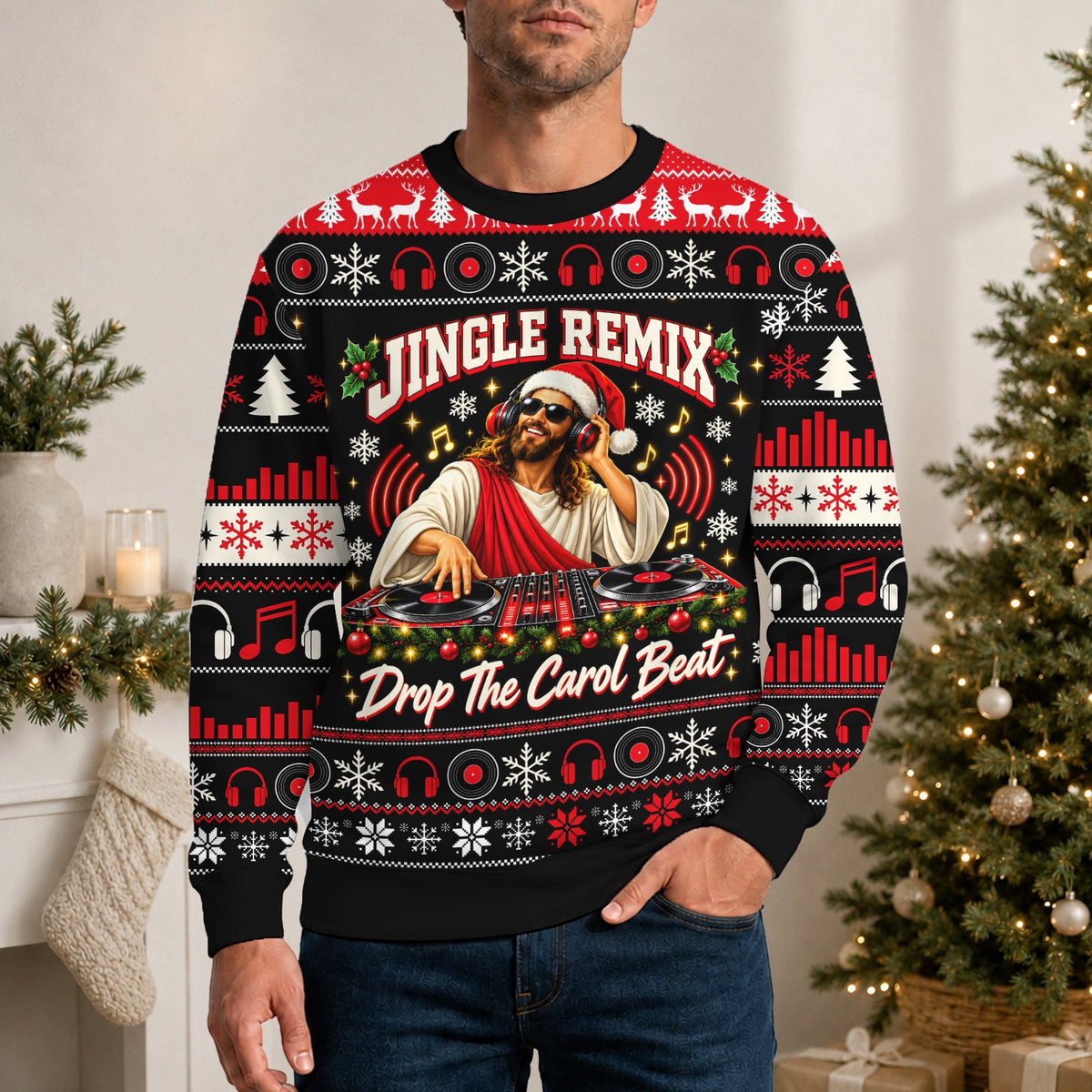 Close up front view of the Jesus DJ turntable design on the ugly sweater