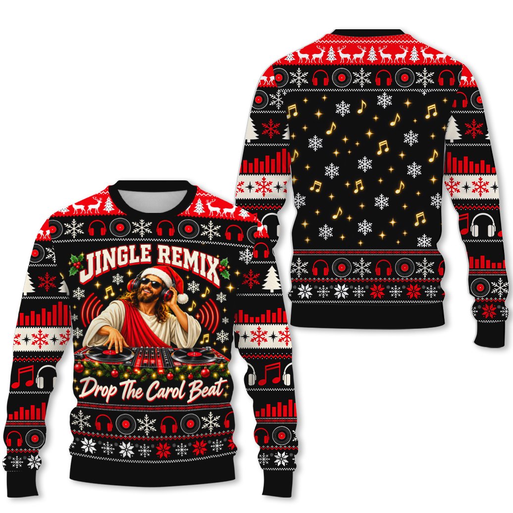 Black holiday ugly sweater with red and white reindeer and snowflake patterns, main view 2