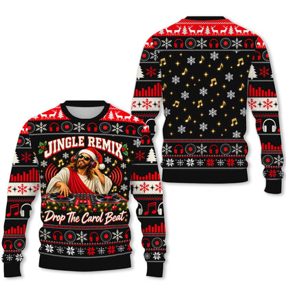 Black christmas jesus dj ugly sweater featuring Jesus wearing a Santa hat and headphones on a turntable, main view