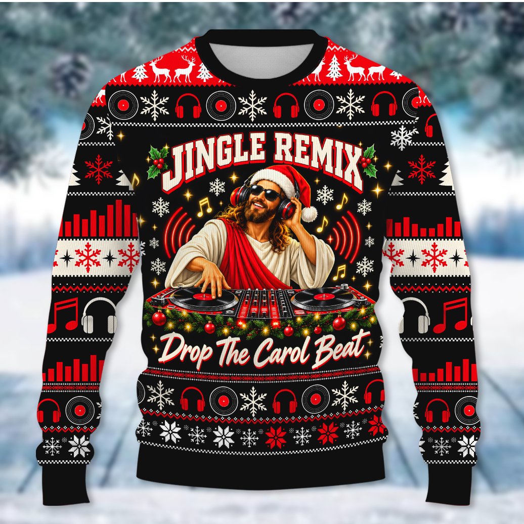 Adult wearing the christmas jesus dj ugly sweater at a holiday gathering, lifestyle view