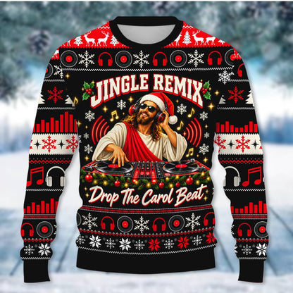 Adult wearing the christmas jesus dj ugly sweater at a holiday gathering, lifestyle view