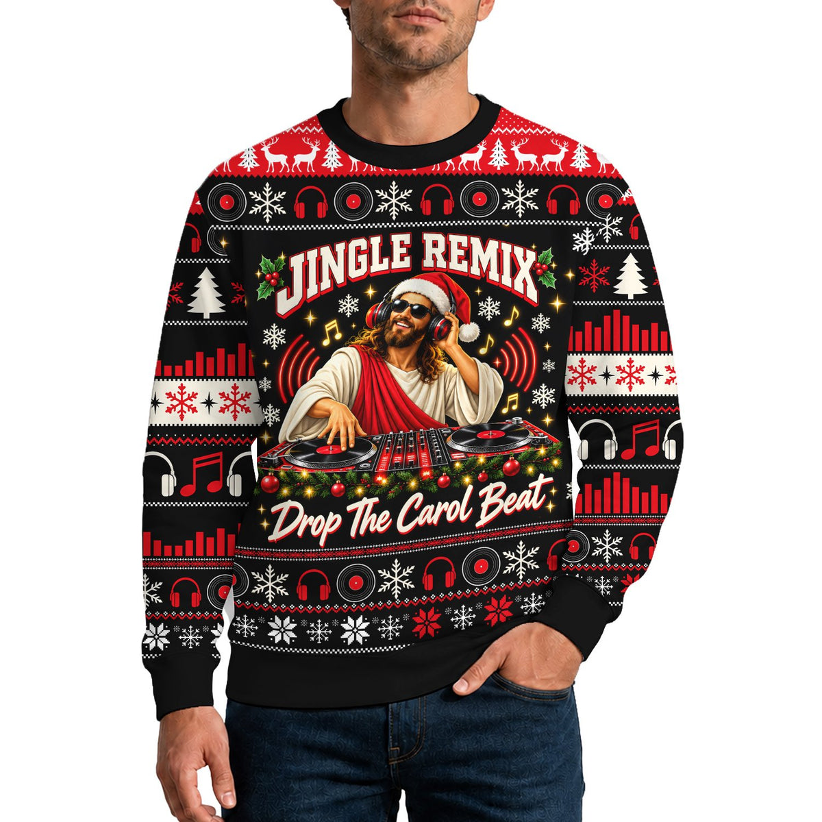 Additional view showing the full pattern details of the Christmas Jesus DJ ugly sweater