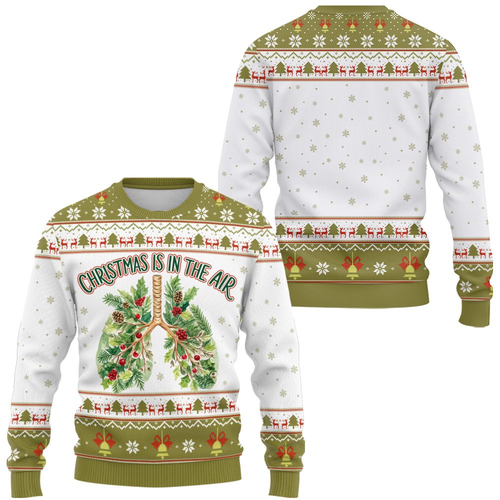 Ugly medical christmas sweater featuring botanical lung design, front view