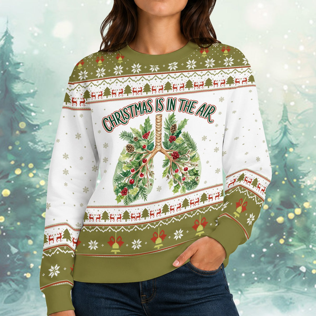 Person wearing the green and white holiday ugly sweater outdoors