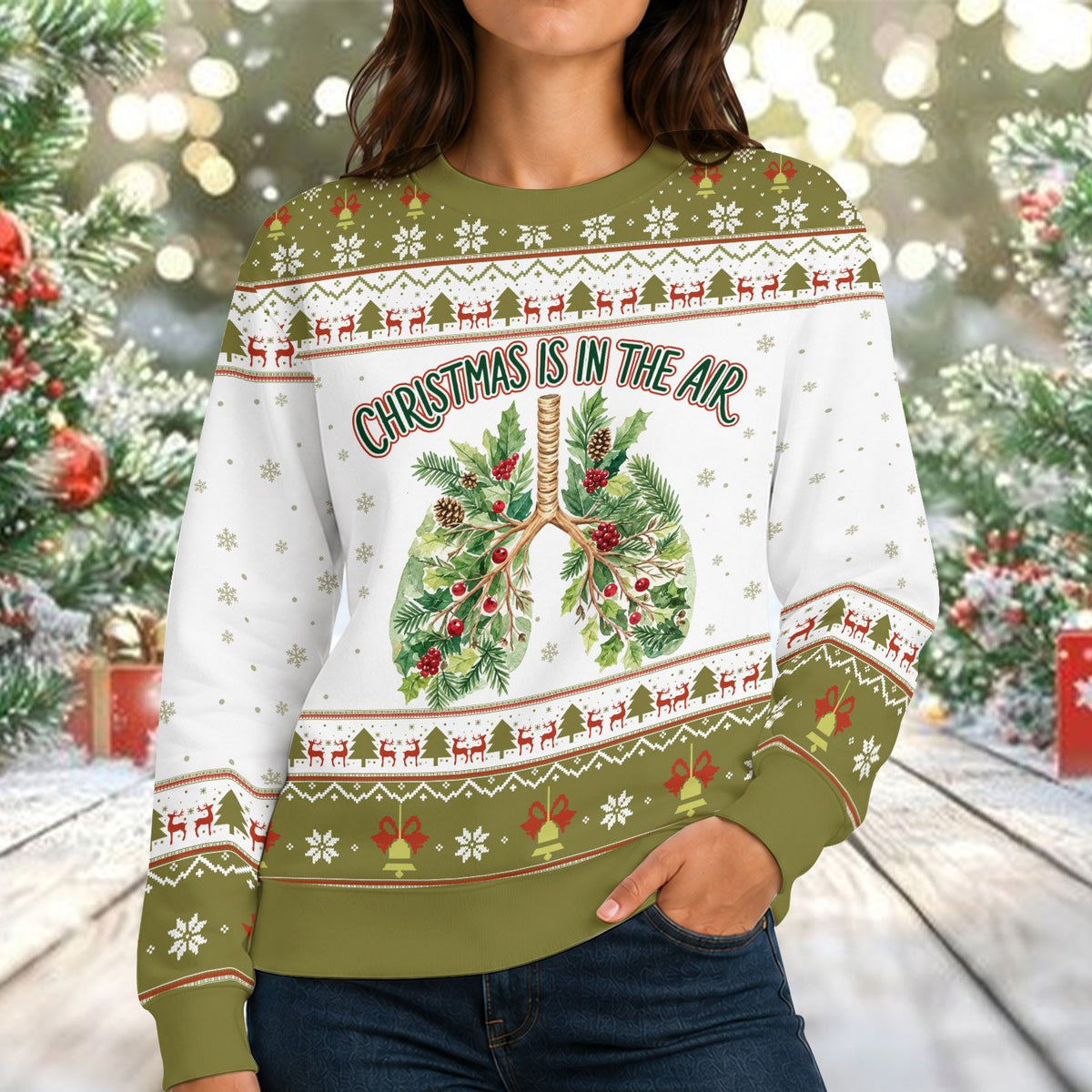 Close up lifestyle shot of the ugly medical christmas sweater