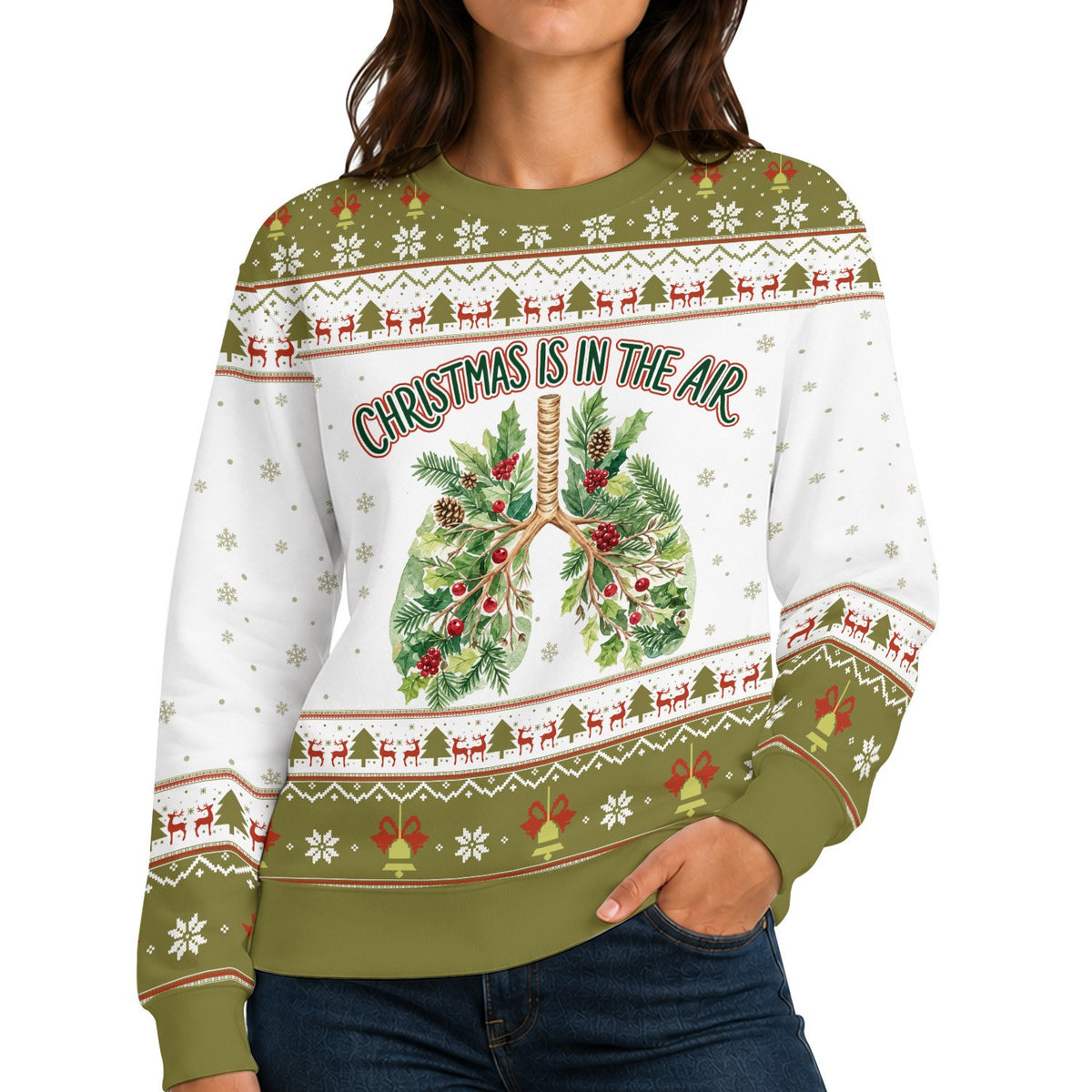Lifestyle view of someone wearing the medical themed ugly christmas sweater