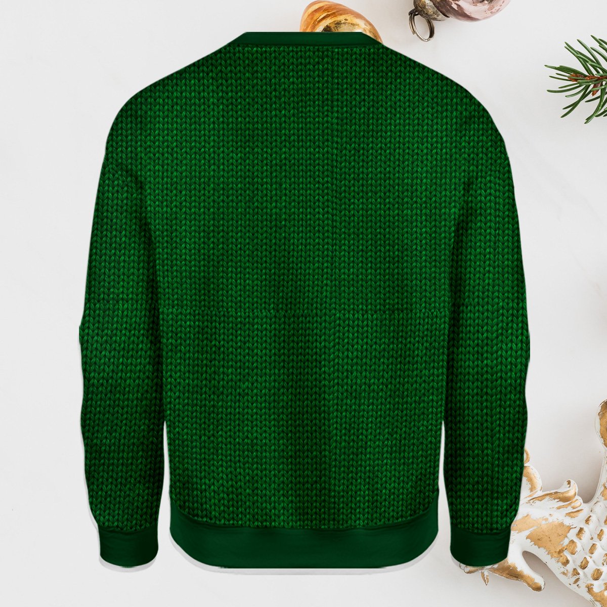 Another back view of the green ugly christmas sweater